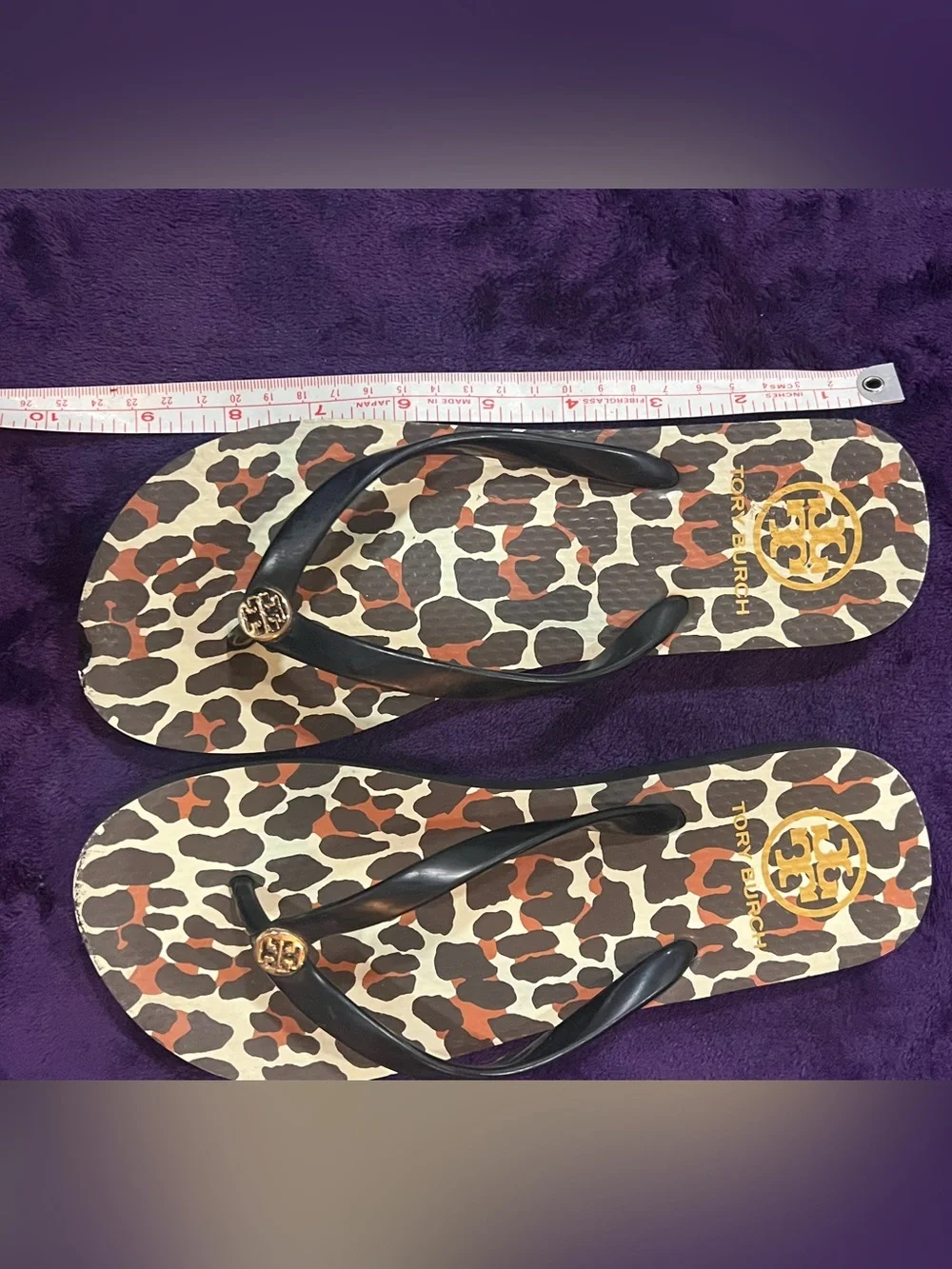 Tory Burch Leopard-Print Flip Flops with Black Straps and Gold Logo